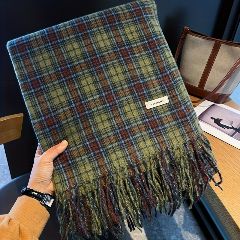 Cashmere Scarf Wrap - Vintage Green Plaid Tassel Scarf Women